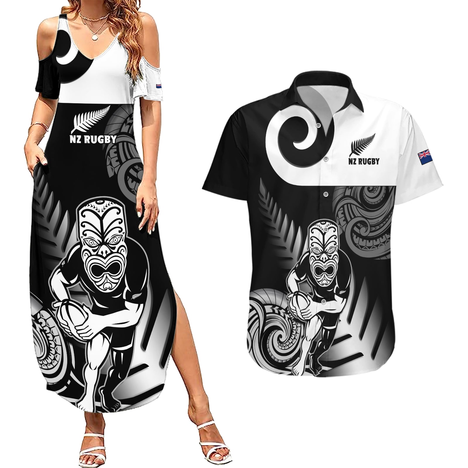 New Zealand Silver Fern Rugby Couples Matching Summer Maxi Dress and Hawaiian Shirt Go Champions NZ All Black Maori Koru LT14 Black - Polynesian Pride