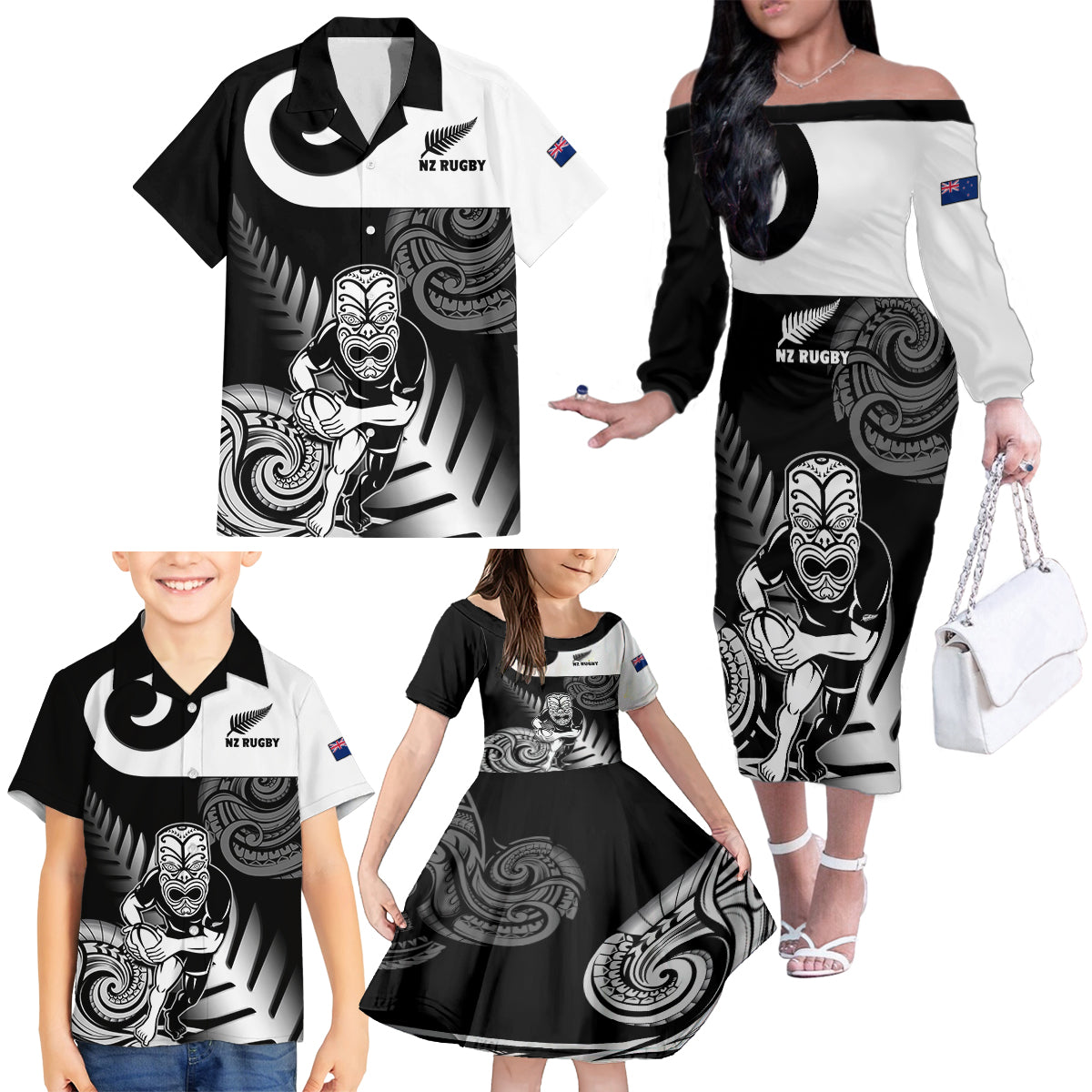 New Zealand Silver Fern Rugby Family Matching Off Shoulder Long Sleeve Dress and Hawaiian Shirt Go Champions NZ All Black Maori Koru LT14 - Polynesian Pride