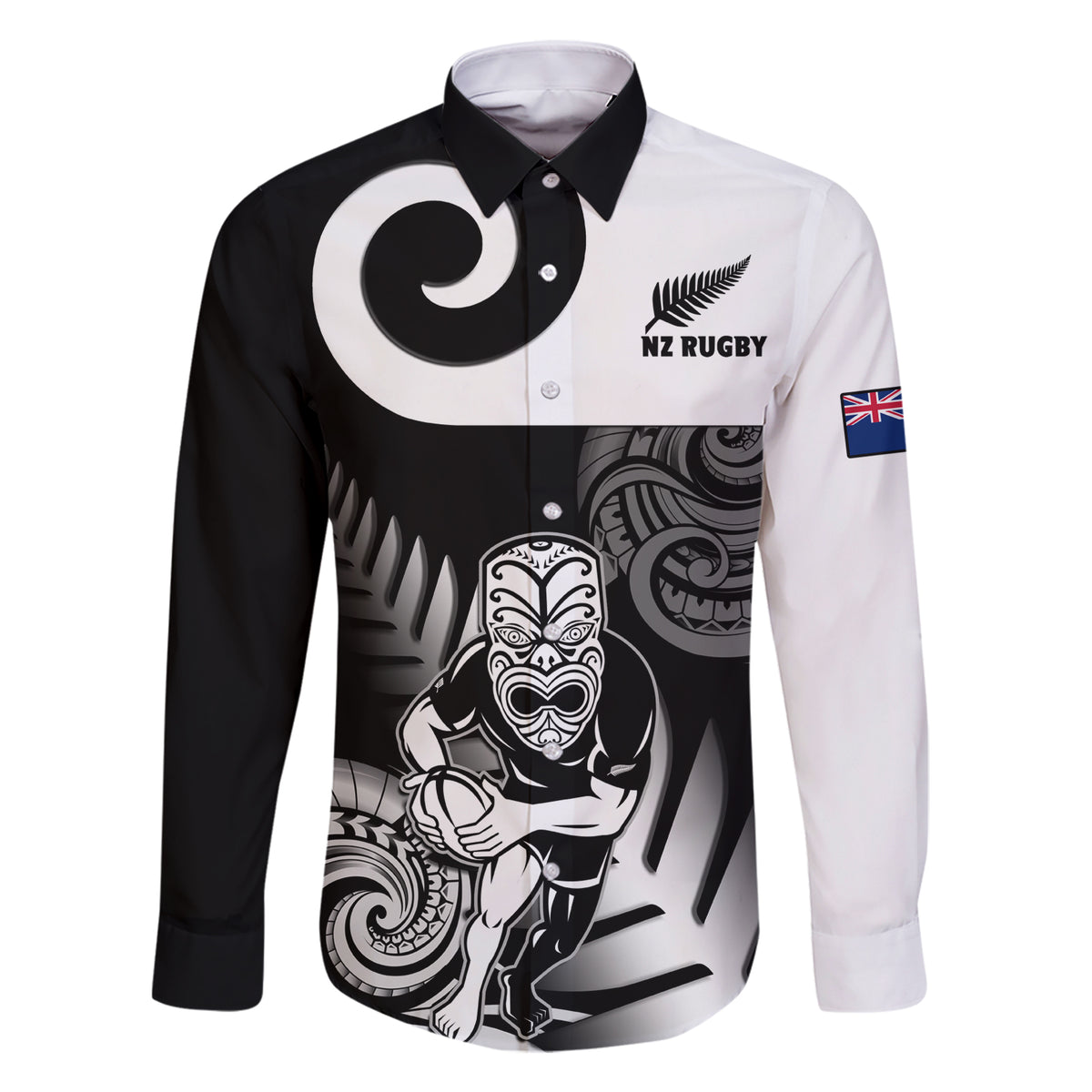 New Zealand Silver Fern Rugby Family Matching Short Sleeve Bodycon Dress and Hawaiian Shirt Go Champions NZ All Black Maori Koru LT14 Dad's Shirt - Long Sleeve Black - Polynesian Pride