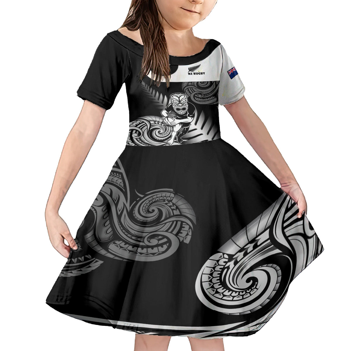 New Zealand Silver Fern Rugby Kid Short Sleeve Dress Go Champions NZ All Black Maori Koru LT14 KID Black - Polynesian Pride