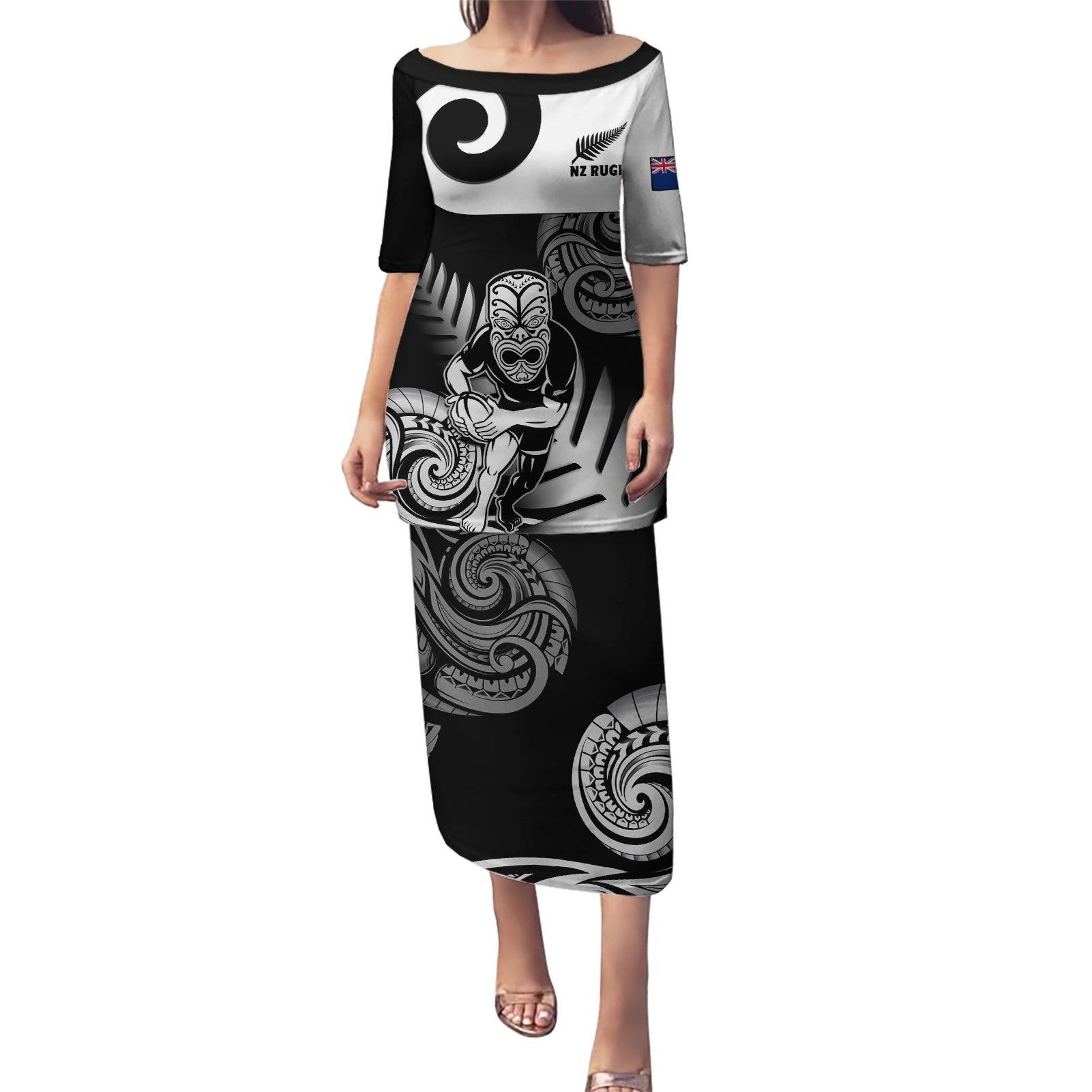 New Zealand Silver Fern Rugby Puletasi Go Champions NZ All Black Maori Koru LT14 Long Dress Black - Polynesian Pride