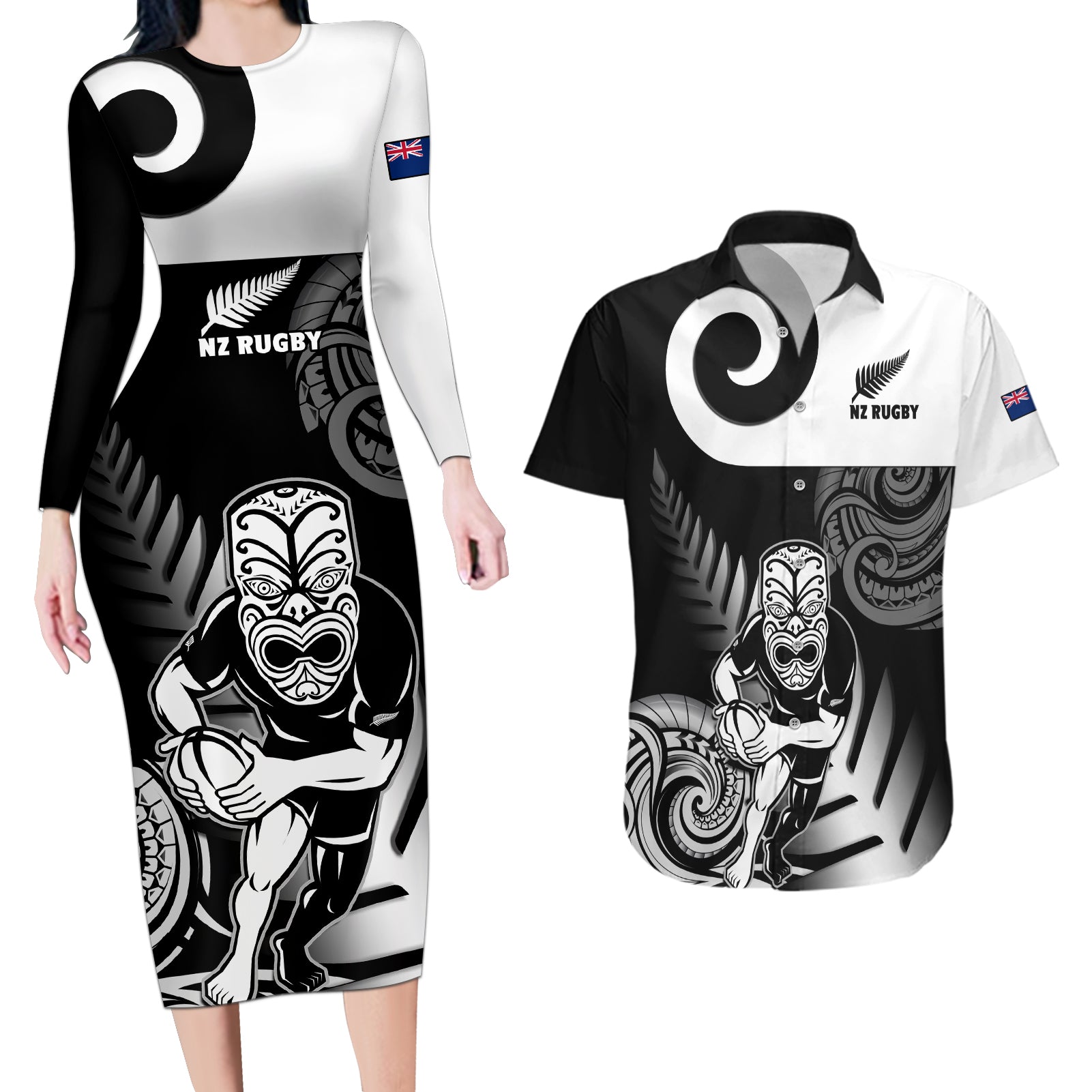 Custom New Zealand Silver Fern Rugby Couples Matching Long Sleeve Bodycon Dress and Hawaiian Shirt Go Champions NZ All Black Maori Koru LT14 Black - Polynesian Pride