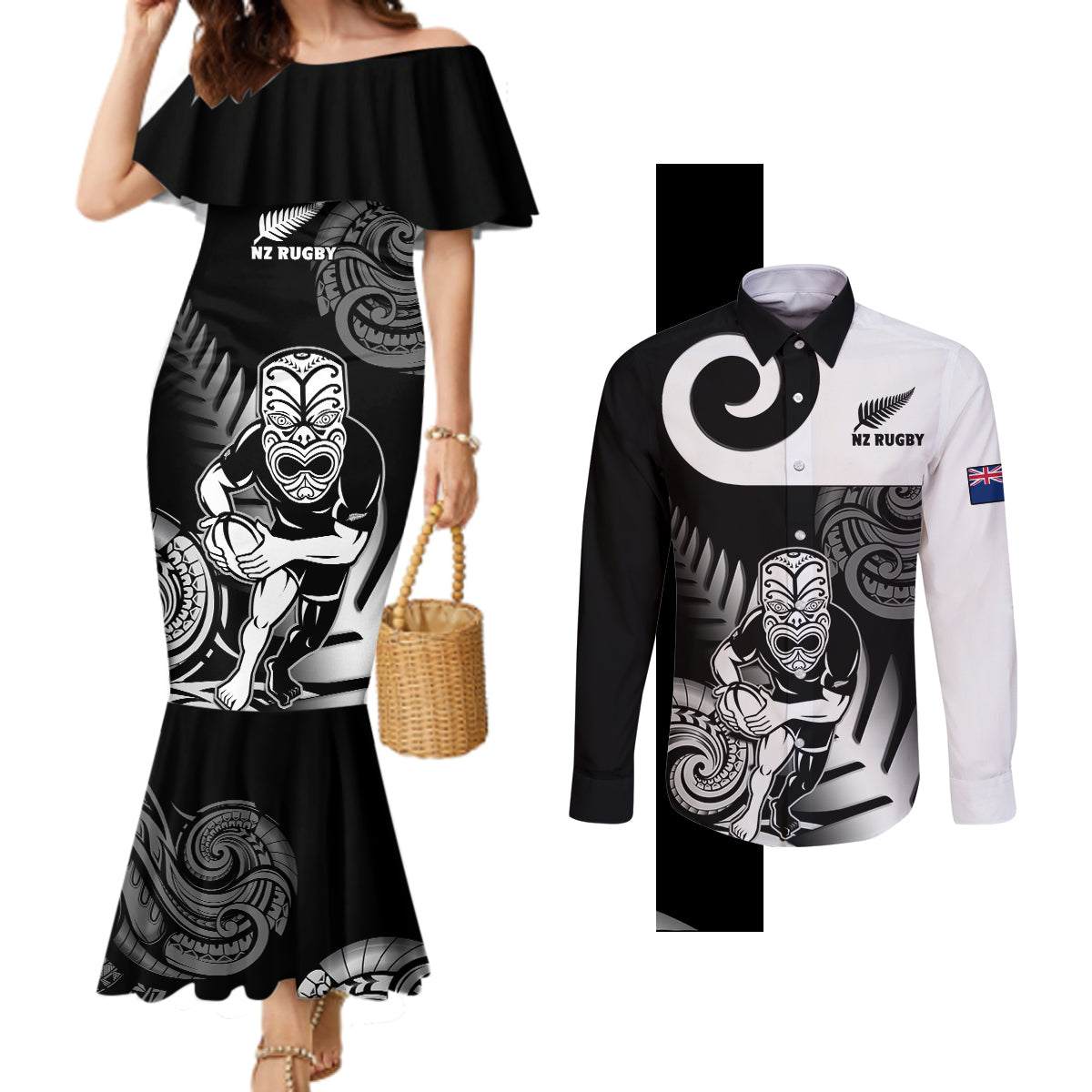 Custom New Zealand Silver Fern Rugby Couples Matching Mermaid Dress and Long Sleeve Button Shirts Go Champions NZ All Black Maori Koru LT14 Black - Polynesian Pride