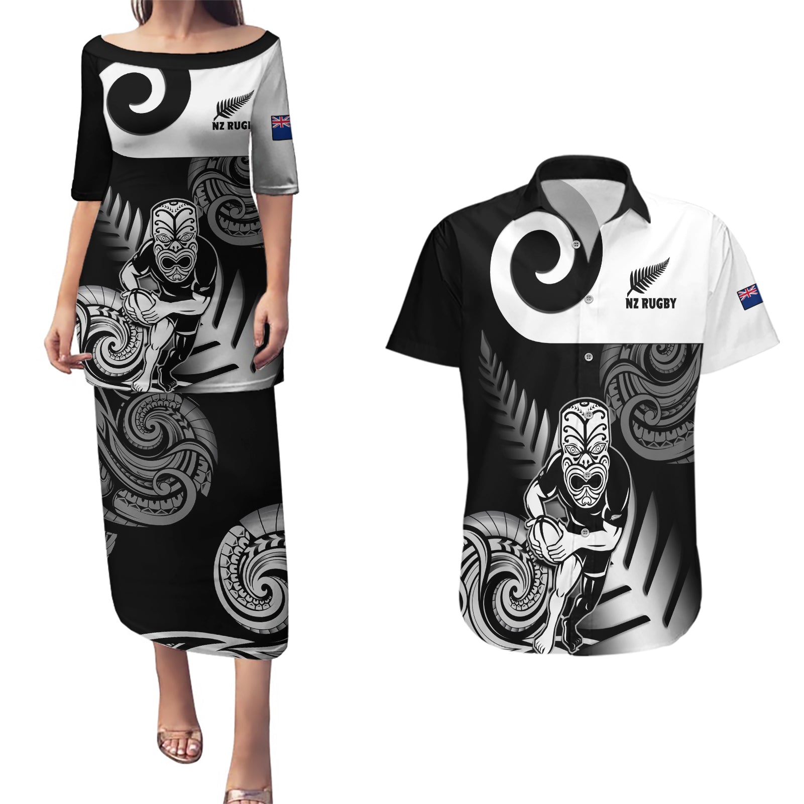 Custom New Zealand Silver Fern Rugby Couples Matching Puletasi Dress and Hawaiian Shirt Go Champions NZ All Black Maori Koru LT14 Black - Polynesian Pride