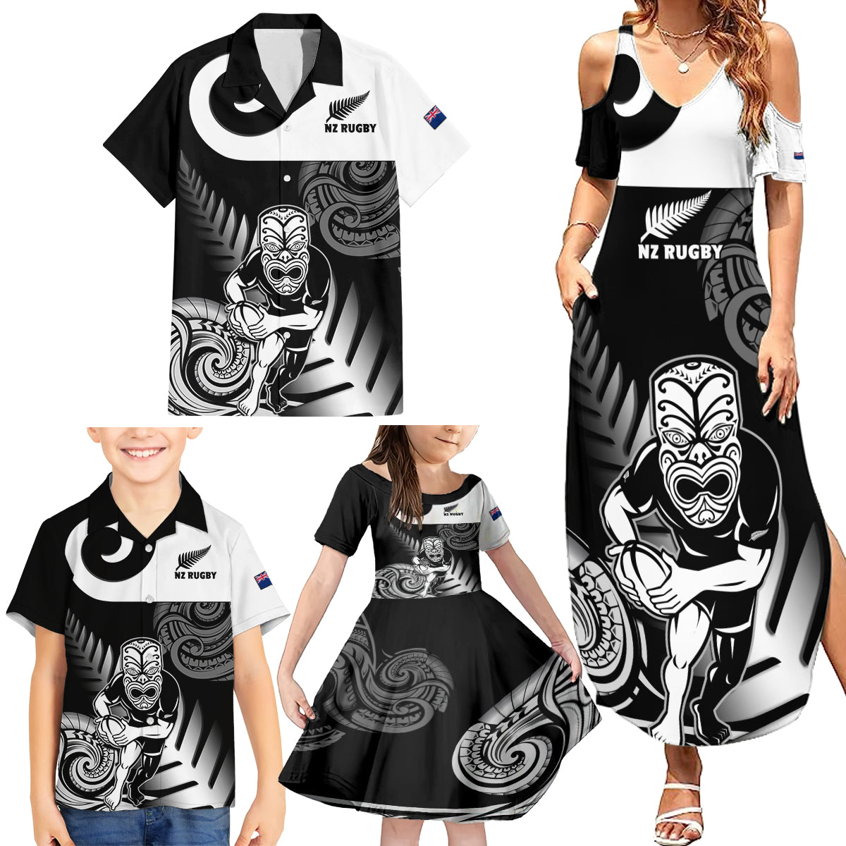 Custom New Zealand Silver Fern Rugby Family Matching Summer Maxi Dress and Hawaiian Shirt Go Champions NZ All Black Maori Koru LT14 - Polynesian Pride