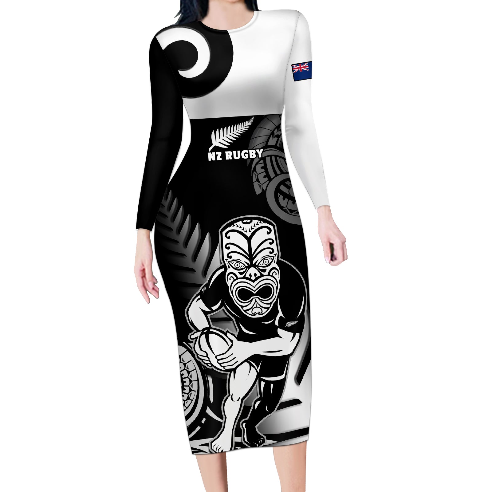 Custom New Zealand Silver Fern Rugby Long Sleeve Bodycon Dress Go Champions NZ All Black Maori Koru LT14 Long Dress Black - Polynesian Pride