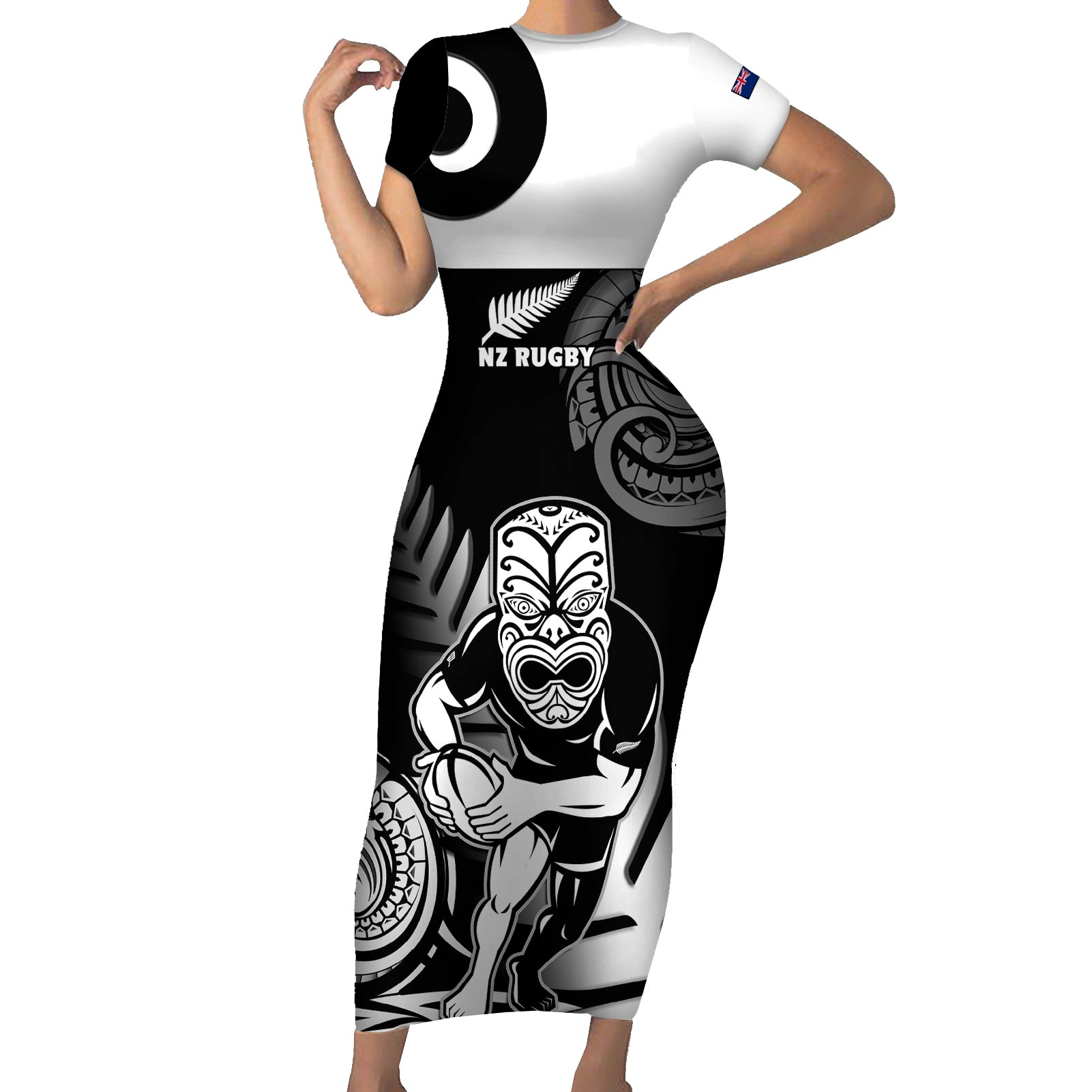 Custom New Zealand Silver Fern Rugby Short Sleeve Bodycon Dress Go Champions NZ All Black Maori Koru LT14 Long Dress Black - Polynesian Pride