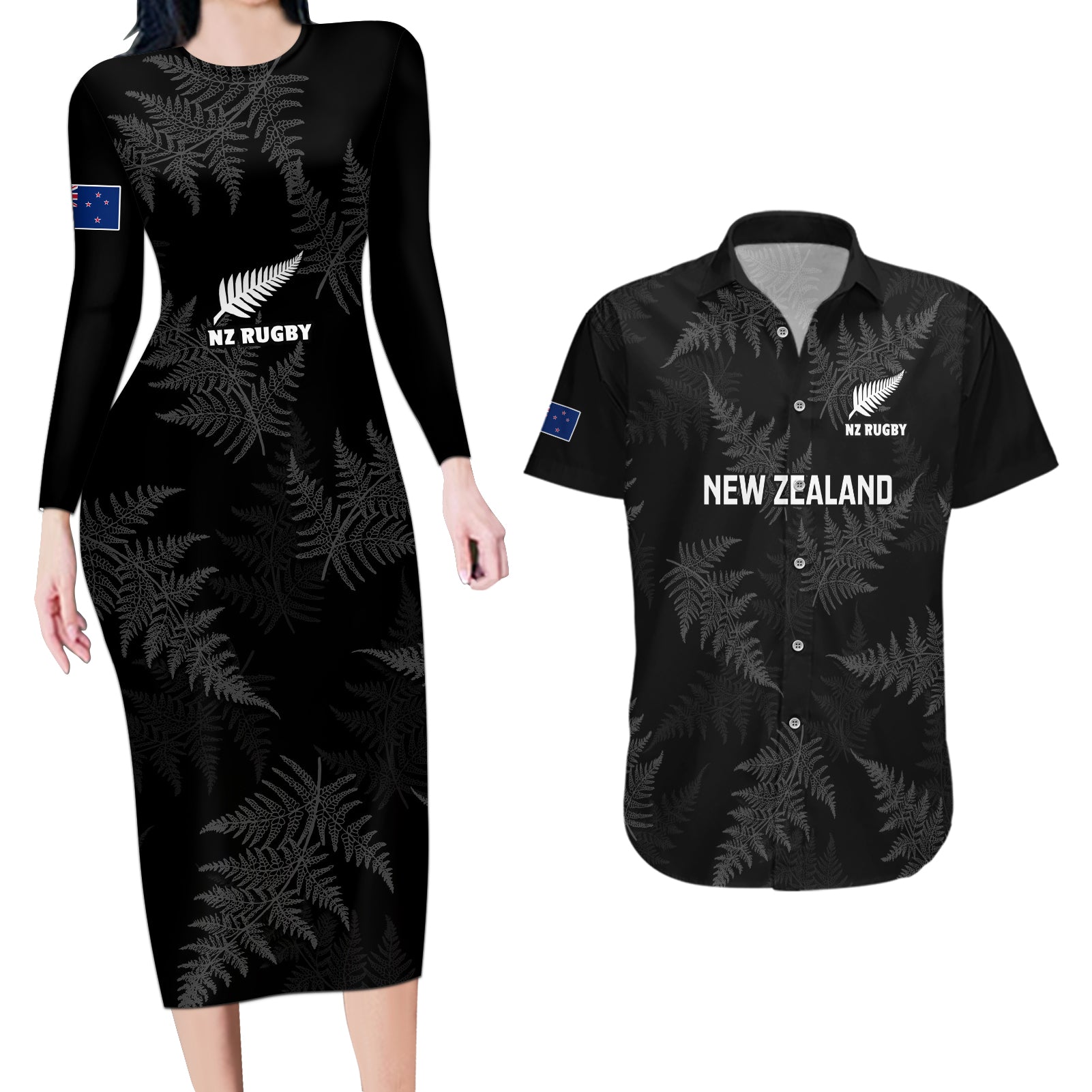 New Zealand Silver Fern Rugby Couples Matching Long Sleeve Bodycon Dress and Hawaiian Shirt 2023 Go Aotearoa Champions World Cup LT14 Black - Polynesian Pride