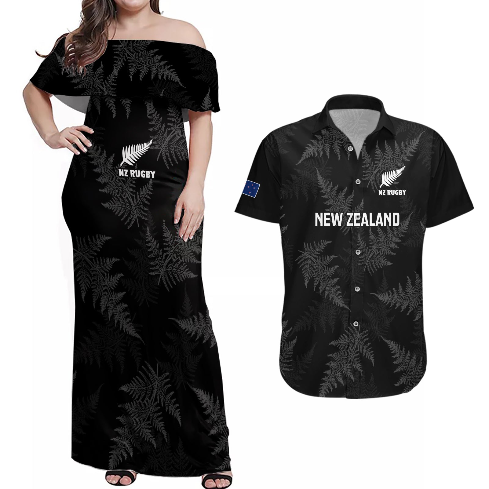 New Zealand Silver Fern Rugby Couples Matching Off Shoulder Maxi Dress and Hawaiian Shirt 2023 Go Aotearoa Champions World Cup LT14 Black - Polynesian Pride