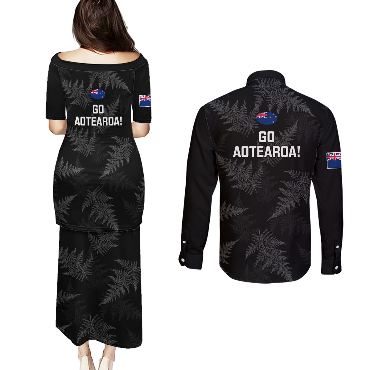 New Zealand Silver Fern Rugby Couples Matching Puletasi Dress and Long Sleeve Button Shirts 2023 Go Aotearoa Champions World Cup LT14 - Polynesian Pride