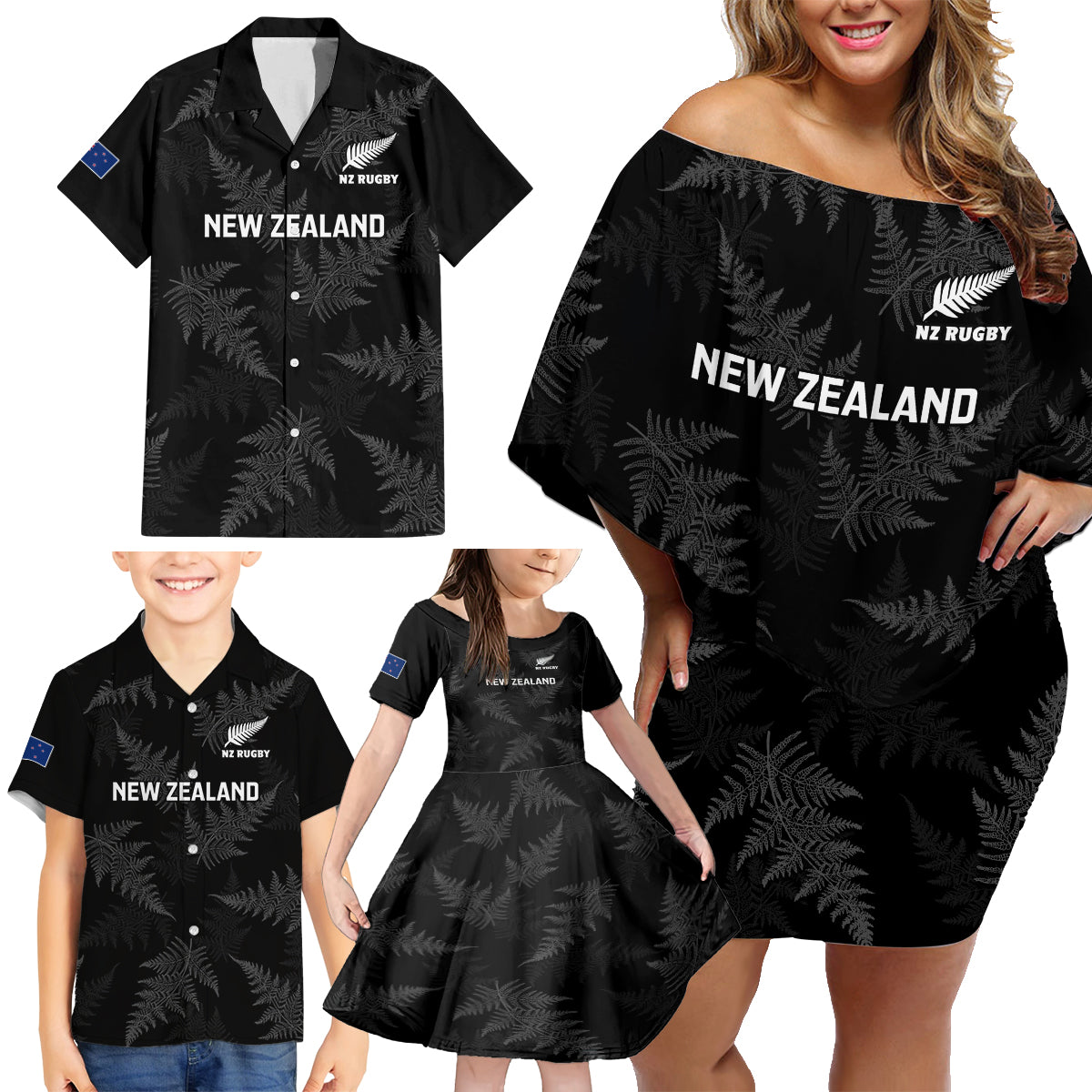 New Zealand Silver Fern Rugby Family Matching Off Shoulder Short Dress and Hawaiian Shirt 2023 Go Aotearoa Champions World Cup LT14 - Polynesian Pride