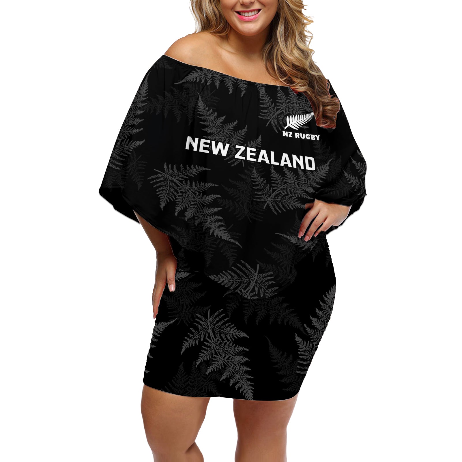 New Zealand Silver Fern Rugby Off Shoulder Short Dress 2023 Go Aotearoa Champions World Cup LT14 Women Black - Polynesian Pride