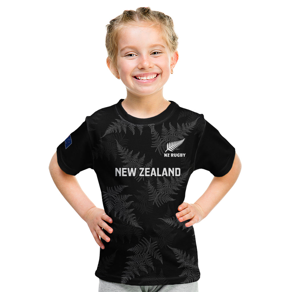Personalised New Zealand Silver Fern Rugby Kid T Shirt 2023 Go Aotearoa World Cup LT14 Black - Polynesian Pride