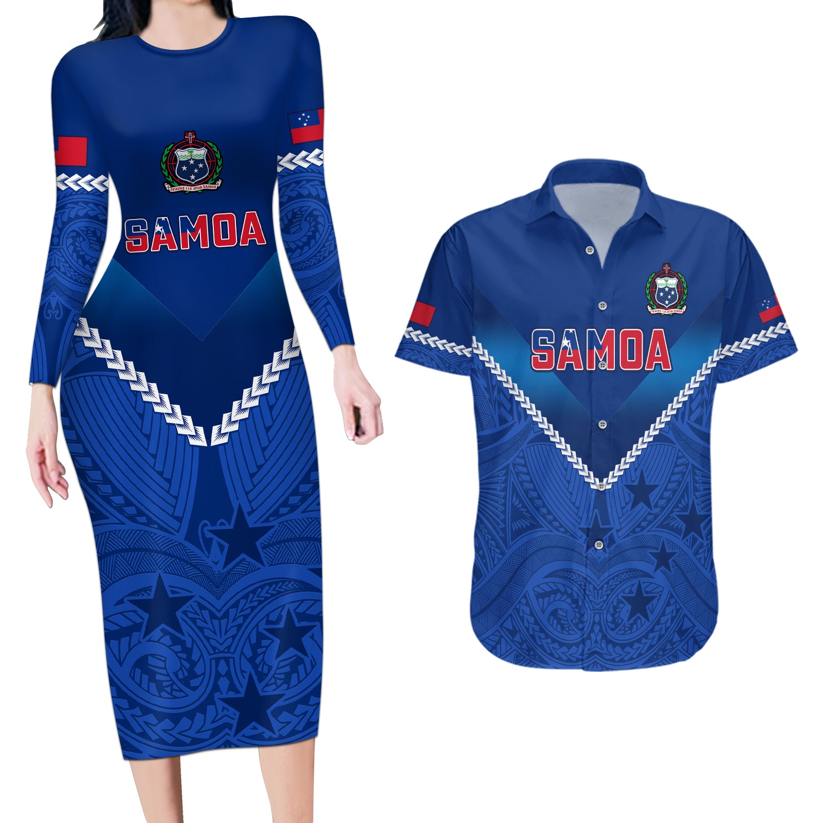 Samoa Rugby Couples Matching Long Sleeve Bodycon Dress and Hawaiian Shirt 2023 Go Manu Samoa LT14 Blue - Polynesian Pride