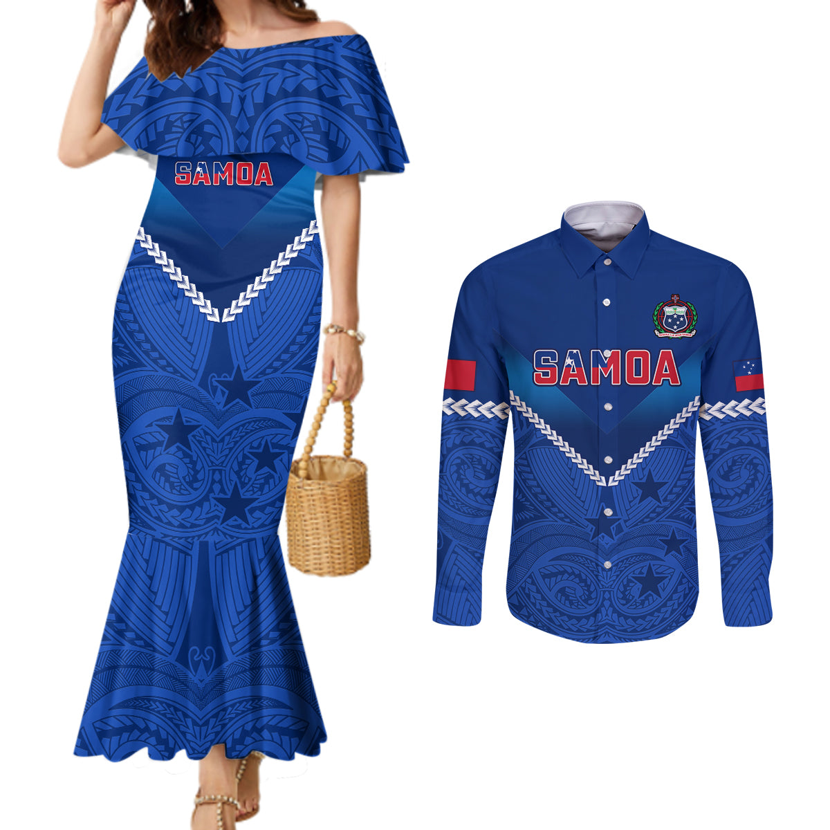 Samoa Rugby Couples Matching Mermaid Dress and Long Sleeve Button Shirts 2023 Go Manu Samoa LT14 Blue - Polynesian Pride