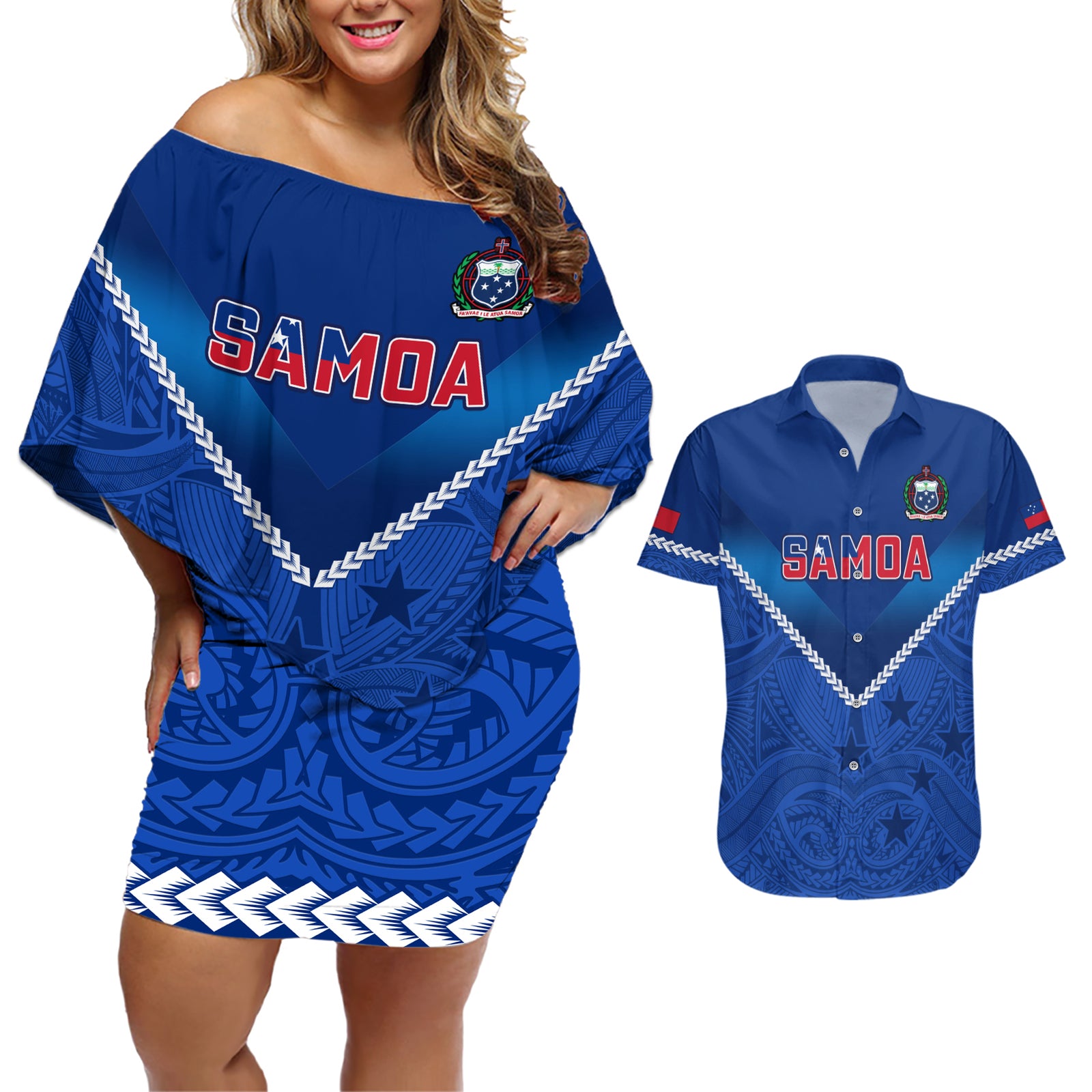 Samoa Rugby Couples Matching Off Shoulder Short Dress and Hawaiian Shirt 2023 Go Manu Samoa LT14 Blue - Polynesian Pride