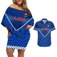 Samoa Rugby Couples Matching Off Shoulder Short Dress and Hawaiian Shirt 2023 Go Manu Samoa LT14 Blue - Polynesian Pride