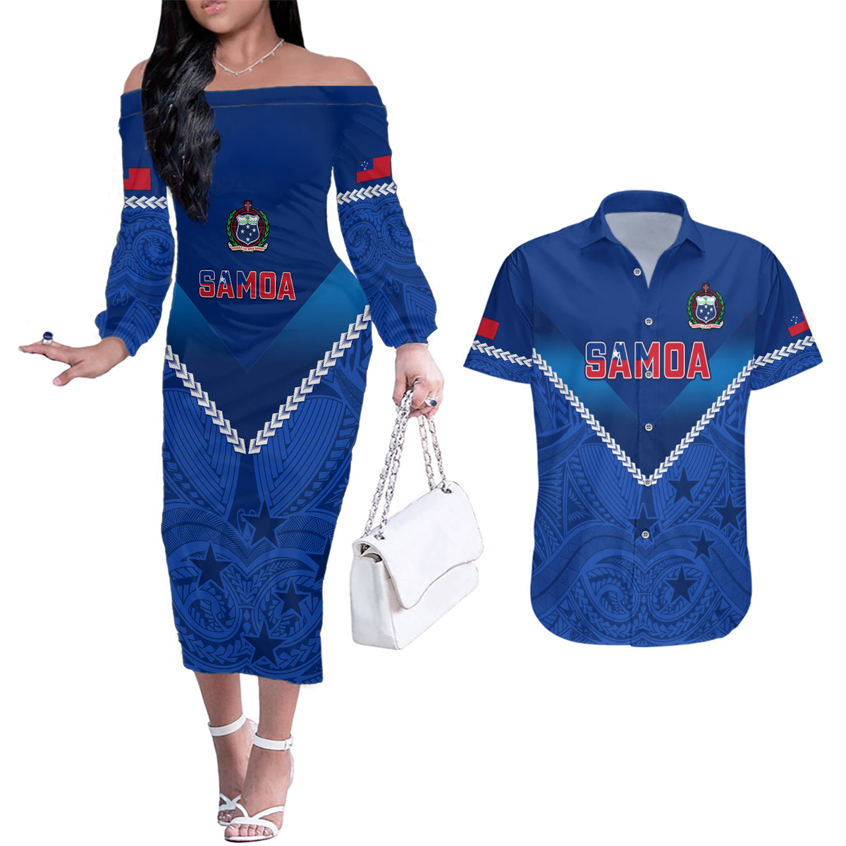 Samoa Rugby Couples Matching Off The Shoulder Long Sleeve Dress and Hawaiian Shirt 2023 Go Manu Samoa LT14 Blue - Polynesian Pride
