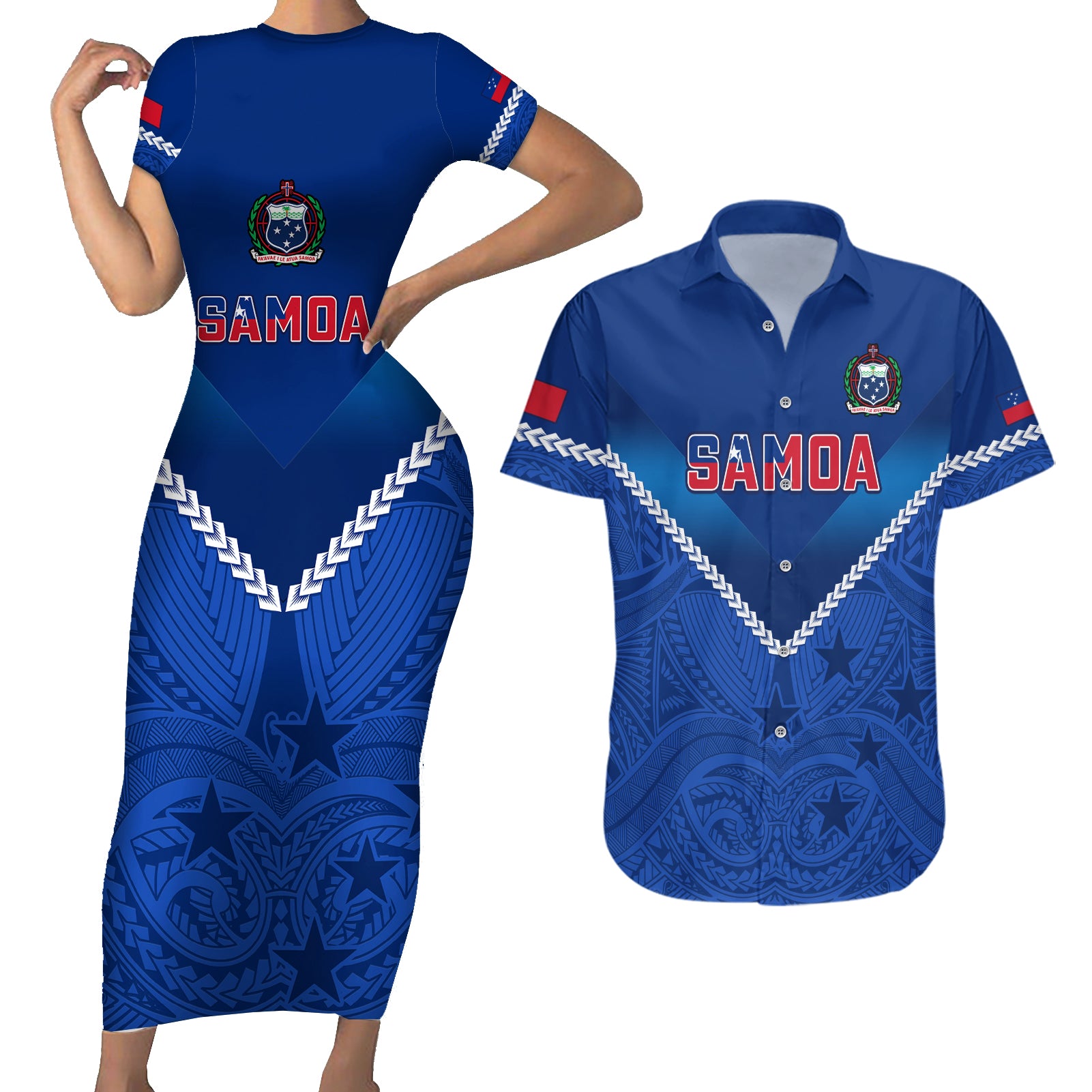 Samoa Rugby Couples Matching Short Sleeve Bodycon Dress and Hawaiian Shirt 2023 Go Manu Samoa LT14 Blue - Polynesian Pride