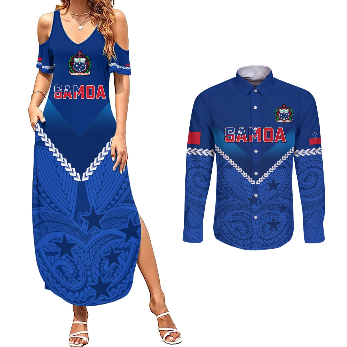 Samoa Rugby Couples Matching Summer Maxi Dress and Long Sleeve Button Shirts 2023 Go Manu Samoa LT14 Blue - Polynesian Pride