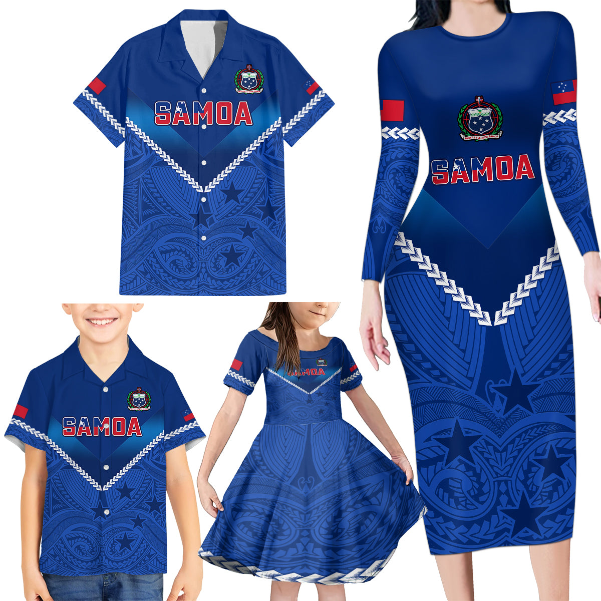 Samoa Rugby Family Matching Long Sleeve Bodycon Dress and Hawaiian Shirt 2023 Go Manu Samoa LT14 - Polynesian Pride