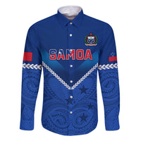 Samoa Rugby Family Matching Off Shoulder Maxi Dress and Hawaiian Shirt 2023 Go Manu Samoa LT14 Dad's Shirt - Long Sleeve Blue - Polynesian Pride