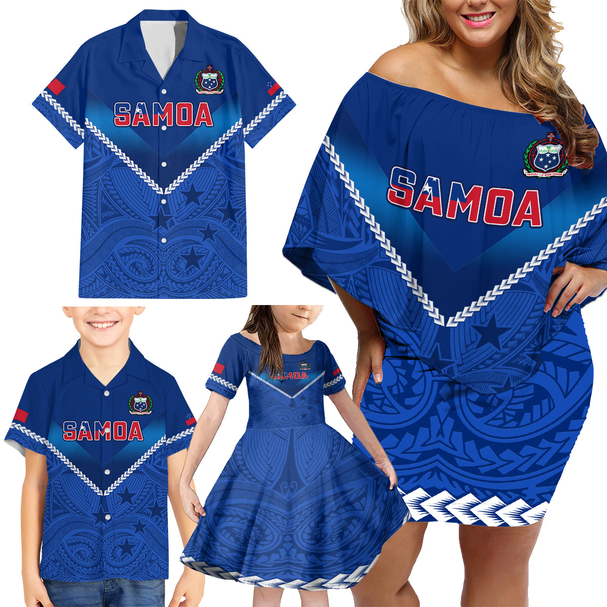 Samoa Rugby Family Matching Off Shoulder Short Dress and Hawaiian Shirt 2023 Go Manu Samoa LT14 - Polynesian Pride