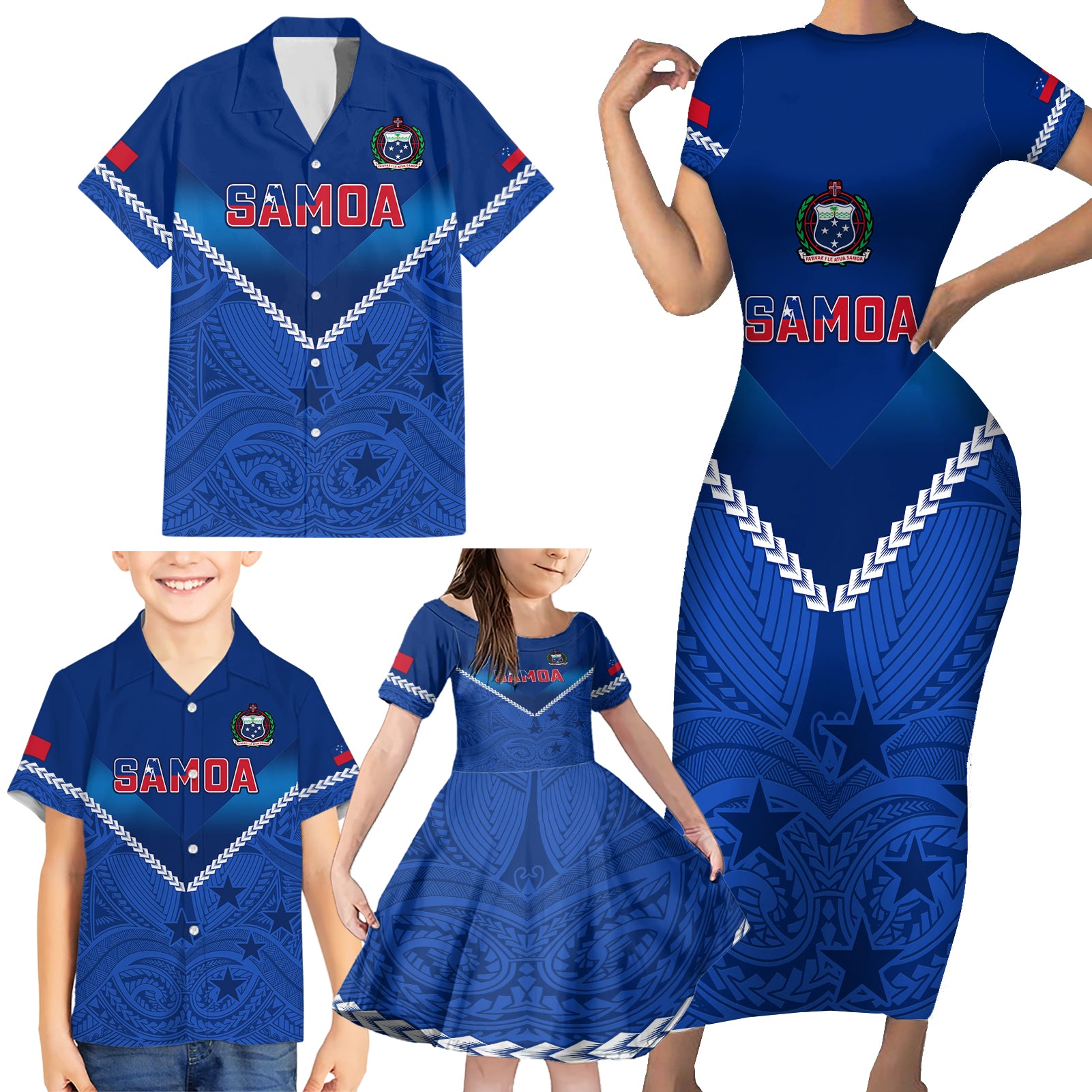 Samoa Rugby Family Matching Short Sleeve Bodycon Dress and Hawaiian Shirt 2023 Go Manu Samoa LT14 - Polynesian Pride