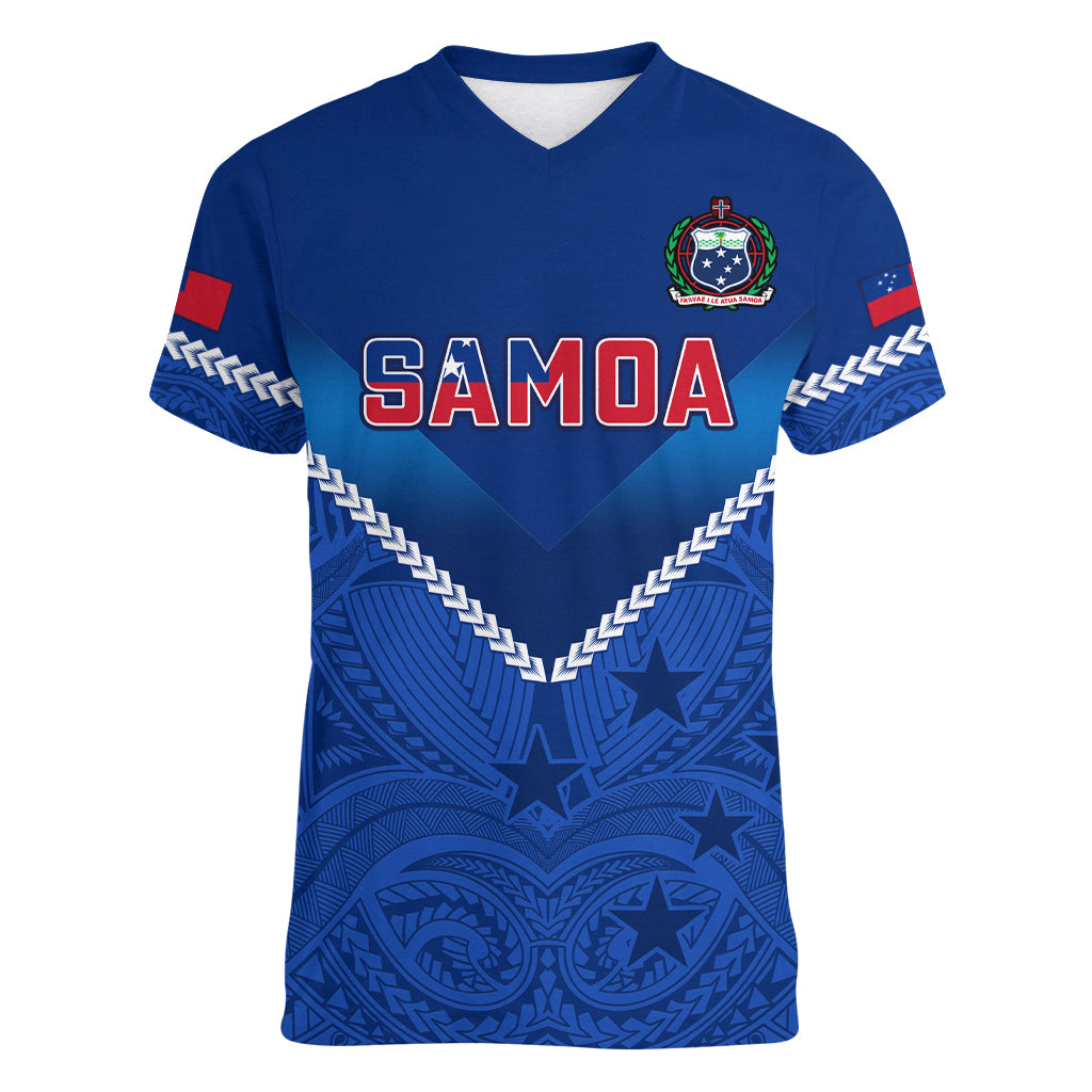 Samoa Rugby Women V Neck T Shirt 2023 Go Manu Samoa LT14 Female Blue - Polynesian Pride