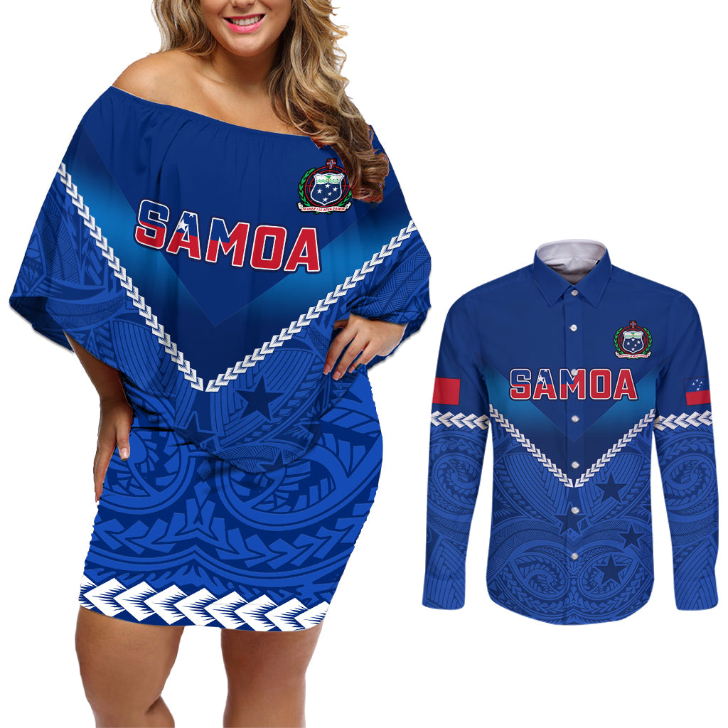 Custom Samoa Rugby Couples Matching Off Shoulder Short Dress and Long Sleeve Button Shirts 2023 Go Manu Samoa LT14 Blue - Polynesian Pride