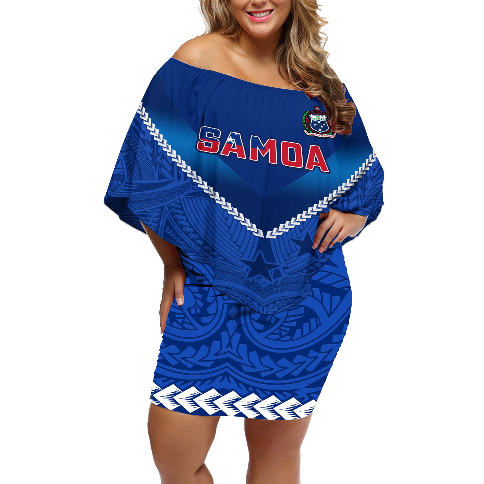 Custom Samoa Rugby Off Shoulder Short Dress 2023 Go Manu Samoa LT14 Women Blue - Polynesian Pride