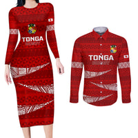 Tonga Rugby Couples Matching Long Sleeve Bodycon Dress and Long Sleeve Button Shirts 2023 Ikale Tahi Tongan Ngatu Pattern LT14 Red - Polynesian Pride