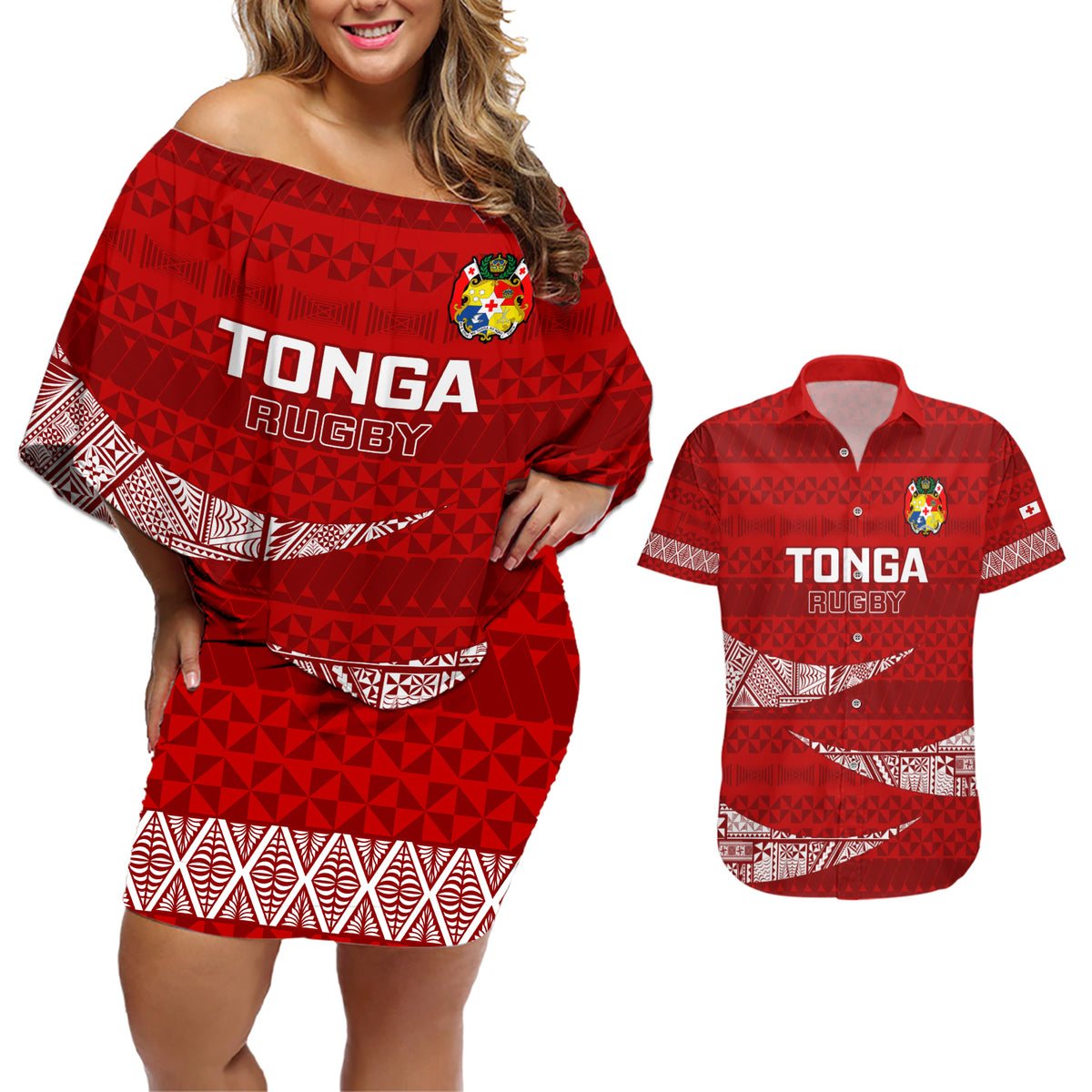 Tonga Rugby Couples Matching Off Shoulder Short Dress and Hawaiian Shirt 2023 Ikale Tahi Tongan Ngatu Pattern LT14 Red - Polynesian Pride