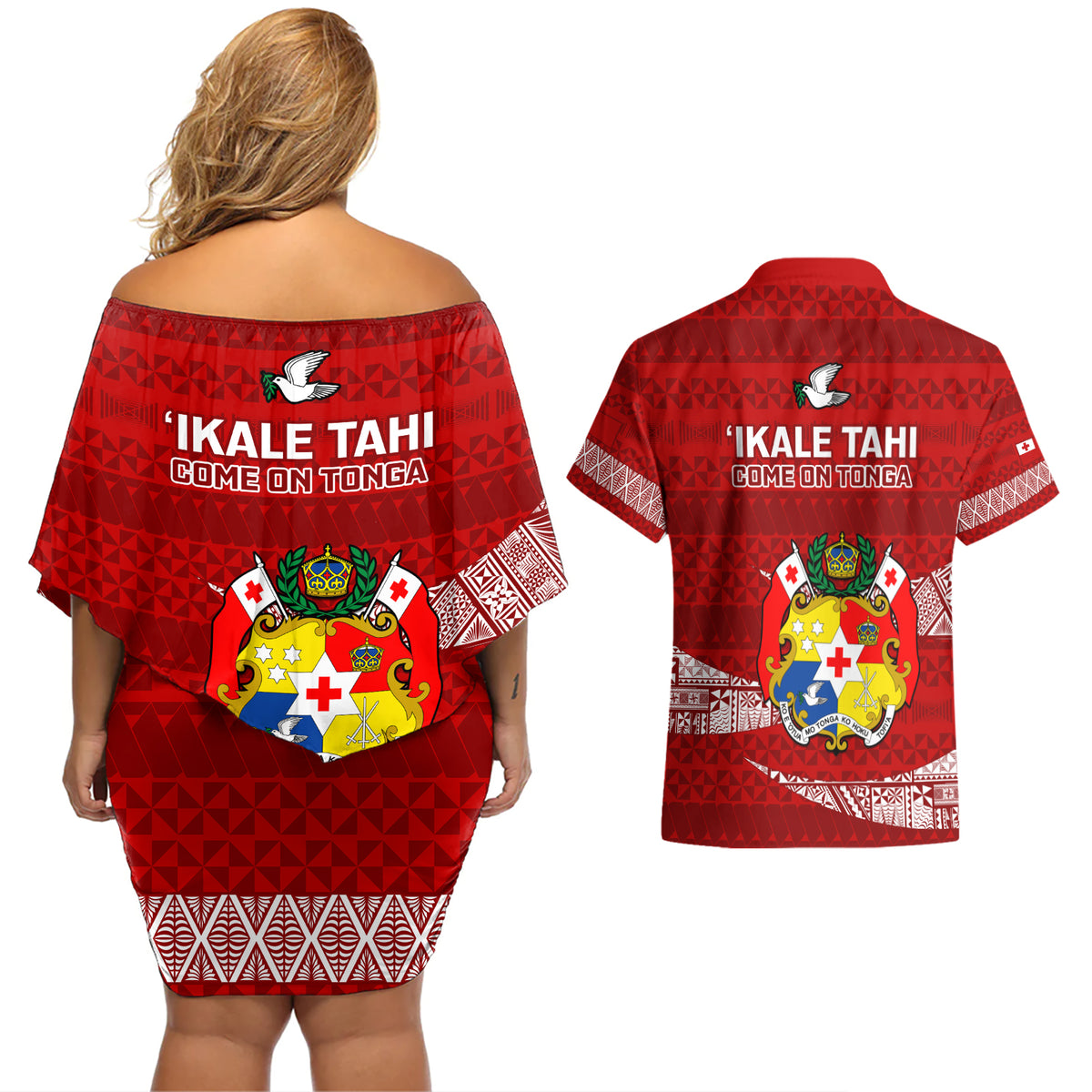 Tonga Rugby Couples Matching Off Shoulder Short Dress and Hawaiian Shirt 2023 Ikale Tahi Tongan Ngatu Pattern LT14 - Polynesian Pride