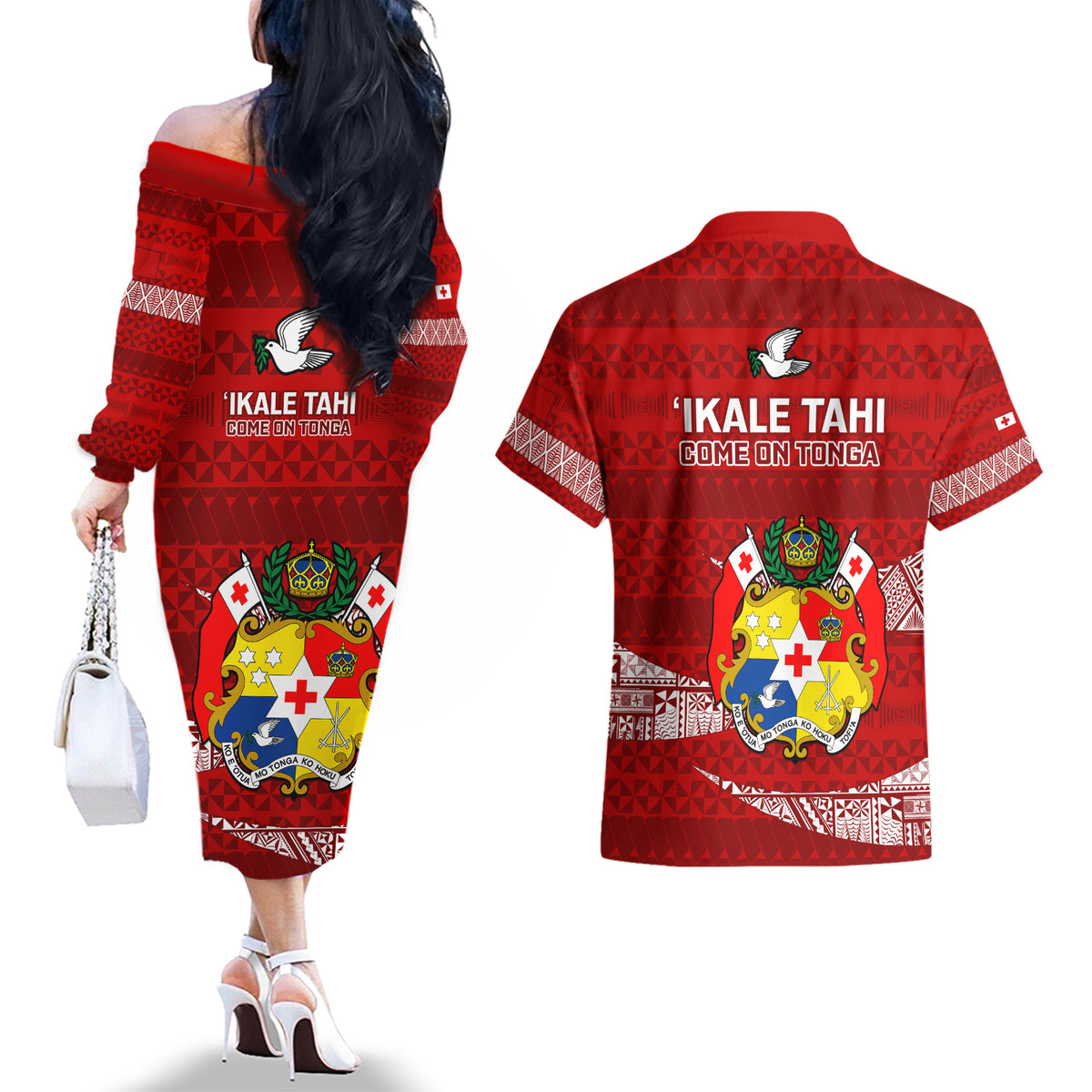 Tonga Rugby Couples Matching Off The Shoulder Long Sleeve Dress and Hawaiian Shirt 2023 Ikale Tahi Tongan Ngatu Pattern LT14 - Polynesian Pride