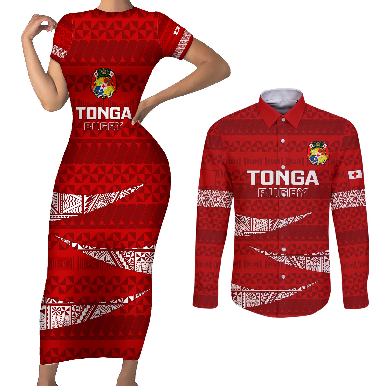 Tonga Rugby Couples Matching Short Sleeve Bodycon Dress and Long Sleeve Button Shirts 2023 Ikale Tahi Tongan Ngatu Pattern LT14 Red - Polynesian Pride