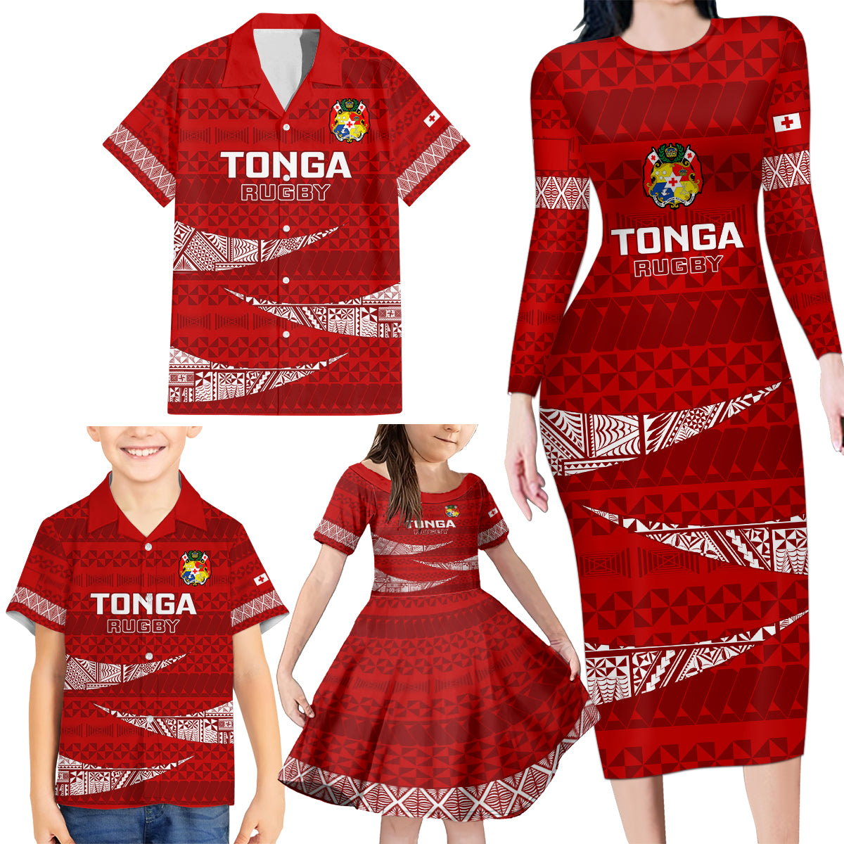 Tonga Rugby Family Matching Long Sleeve Bodycon Dress and Hawaiian Shirt 2023 Ikale Tahi Tongan Ngatu Pattern LT14 - Polynesian Pride