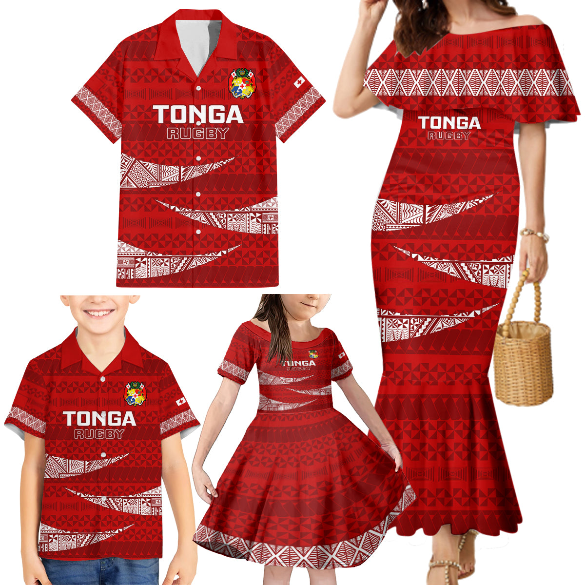 Tonga Rugby Family Matching Mermaid Dress and Hawaiian Shirt 2023 Ikale Tahi Tongan Ngatu Pattern LT14 - Polynesian Pride