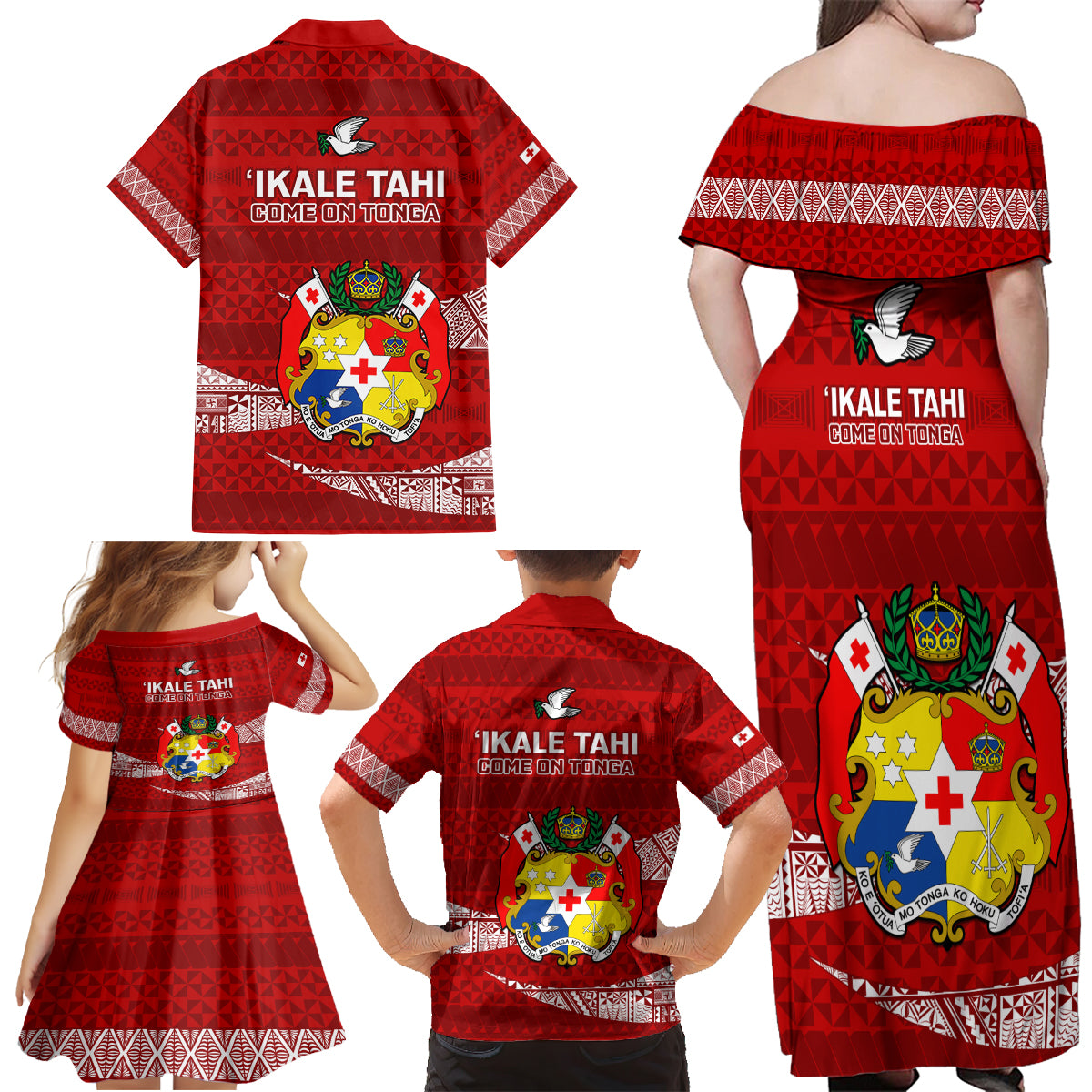 Tonga Rugby Family Matching Off Shoulder Maxi Dress and Hawaiian Shirt 2023 Ikale Tahi Tongan Ngatu Pattern LT14 - Polynesian Pride
