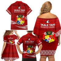 Tonga Rugby Family Matching Off Shoulder Short Dress and Hawaiian Shirt 2023 Ikale Tahi Tongan Ngatu Pattern LT14 - Polynesian Pride