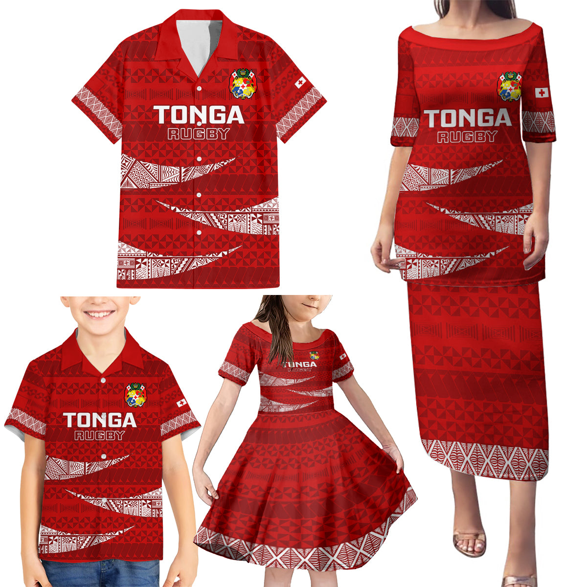 Tonga Rugby Family Matching Puletasi Dress and Hawaiian Shirt 2023 Ikale Tahi Tongan Ngatu Pattern LT14 - Polynesian Pride