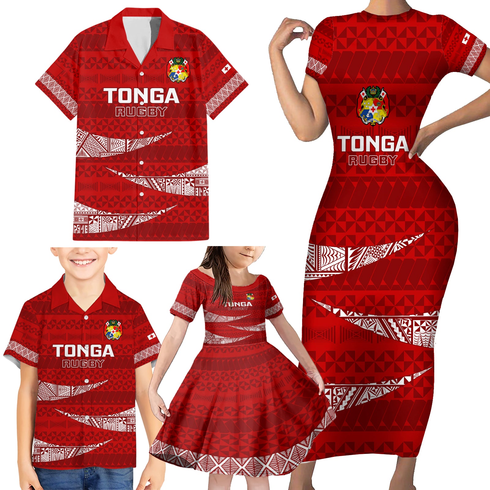 Tonga Rugby Family Matching Short Sleeve Bodycon Dress and Hawaiian Shirt 2023 Ikale Tahi Tongan Ngatu Pattern LT14 - Polynesian Pride