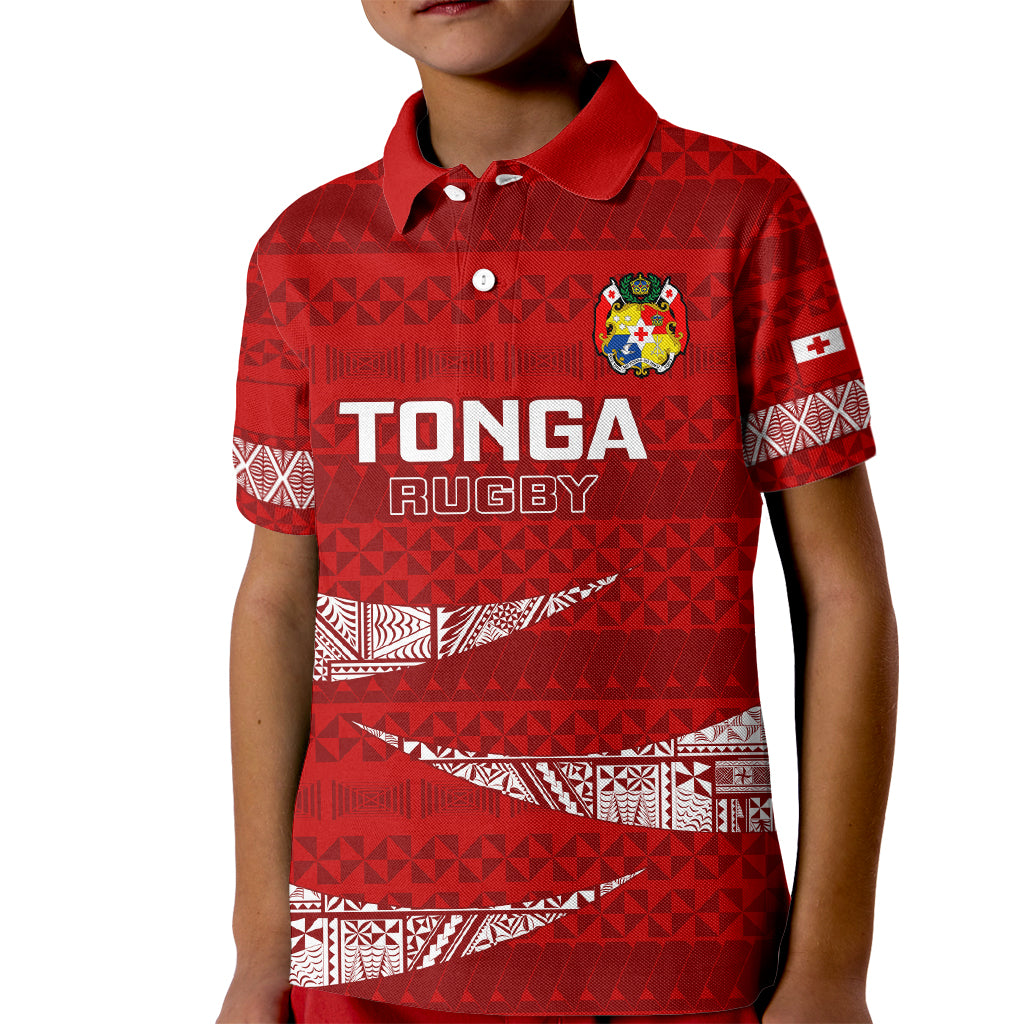 Tonga Rugby Kid Polo Shirt 2023 Ikale Tahi Tongan Ngatu Pattern LT14 Kid Red - Polynesian Pride