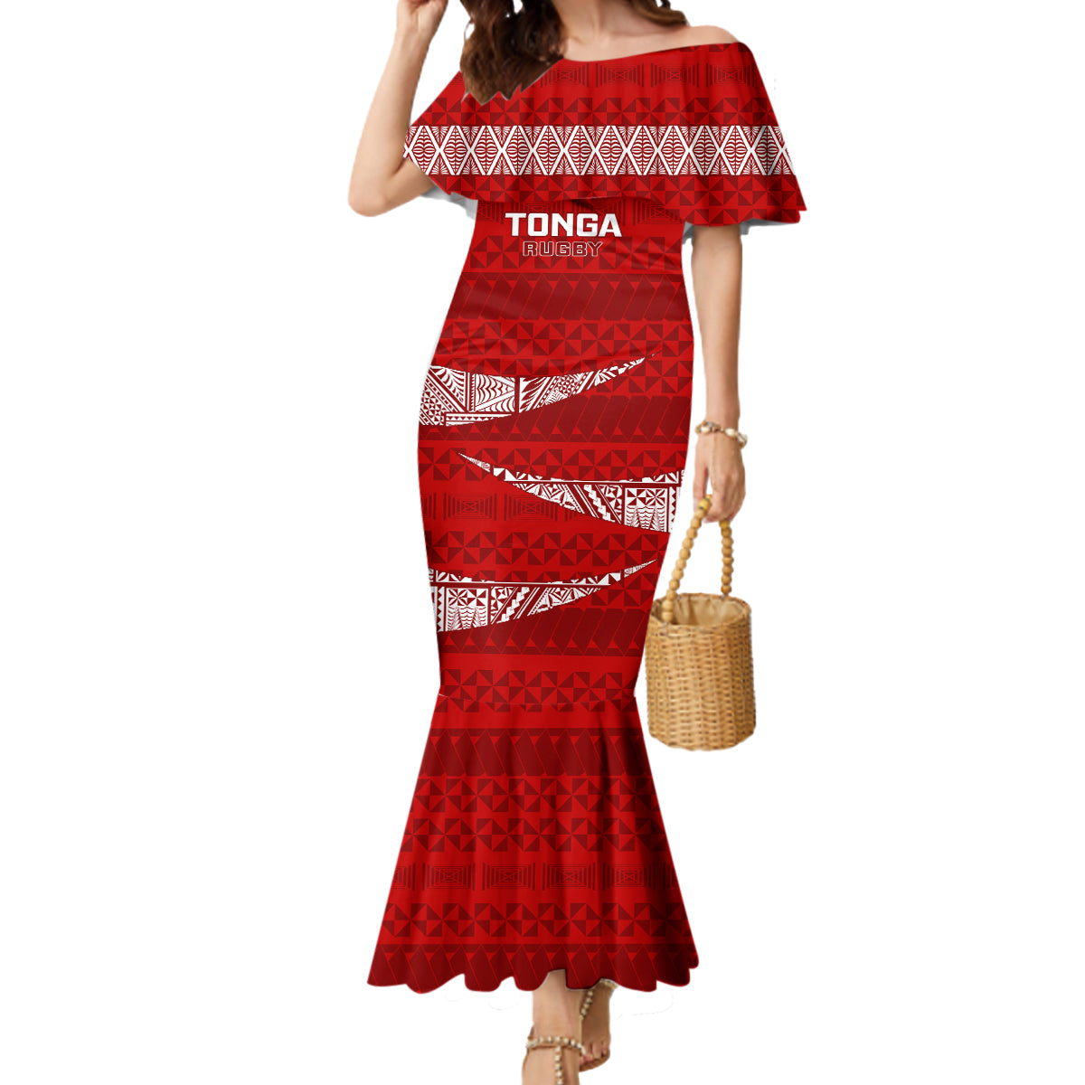 Tonga Rugby Mermaid Dress 2023 Ikale Tahi Tongan Ngatu Pattern LT14 Women Red - Polynesian Pride