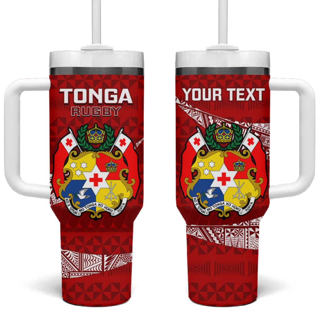 Personalised Tonga Rugby Tumbler With Handle Ikale Tahi Tongan Ngatu Pattern