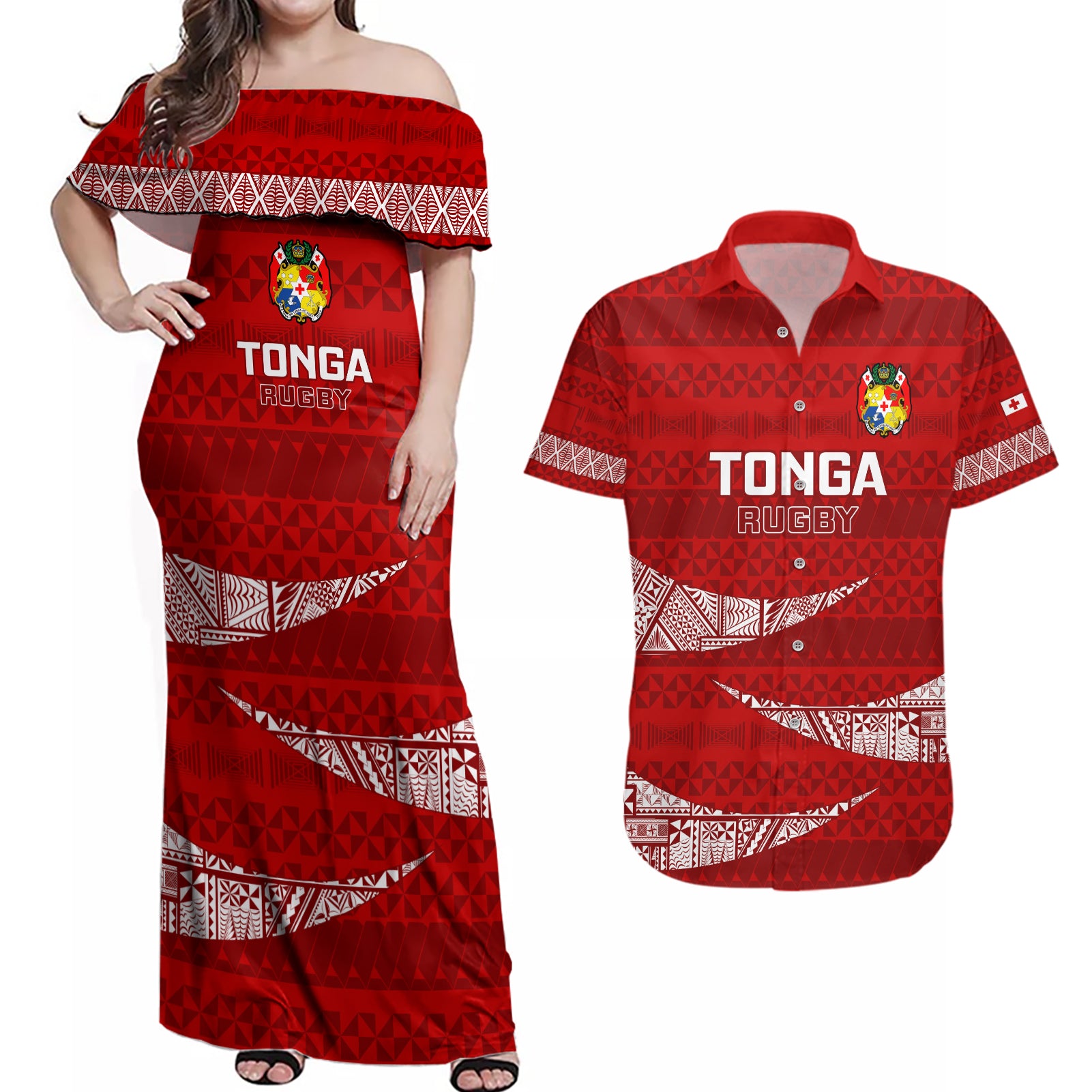 Custom Tonga Rugby Couples Matching Off Shoulder Maxi Dress and Hawaiian Shirt 2023 Ikale Tahi Tongan Ngatu Pattern LT14 Red - Polynesian Pride