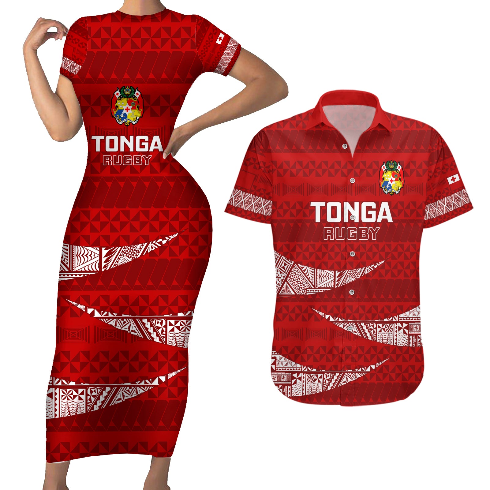 Custom Tonga Rugby Couples Matching Short Sleeve Bodycon Dress and Hawaiian Shirt 2023 Ikale Tahi Tongan Ngatu Pattern LT14 Red - Polynesian Pride