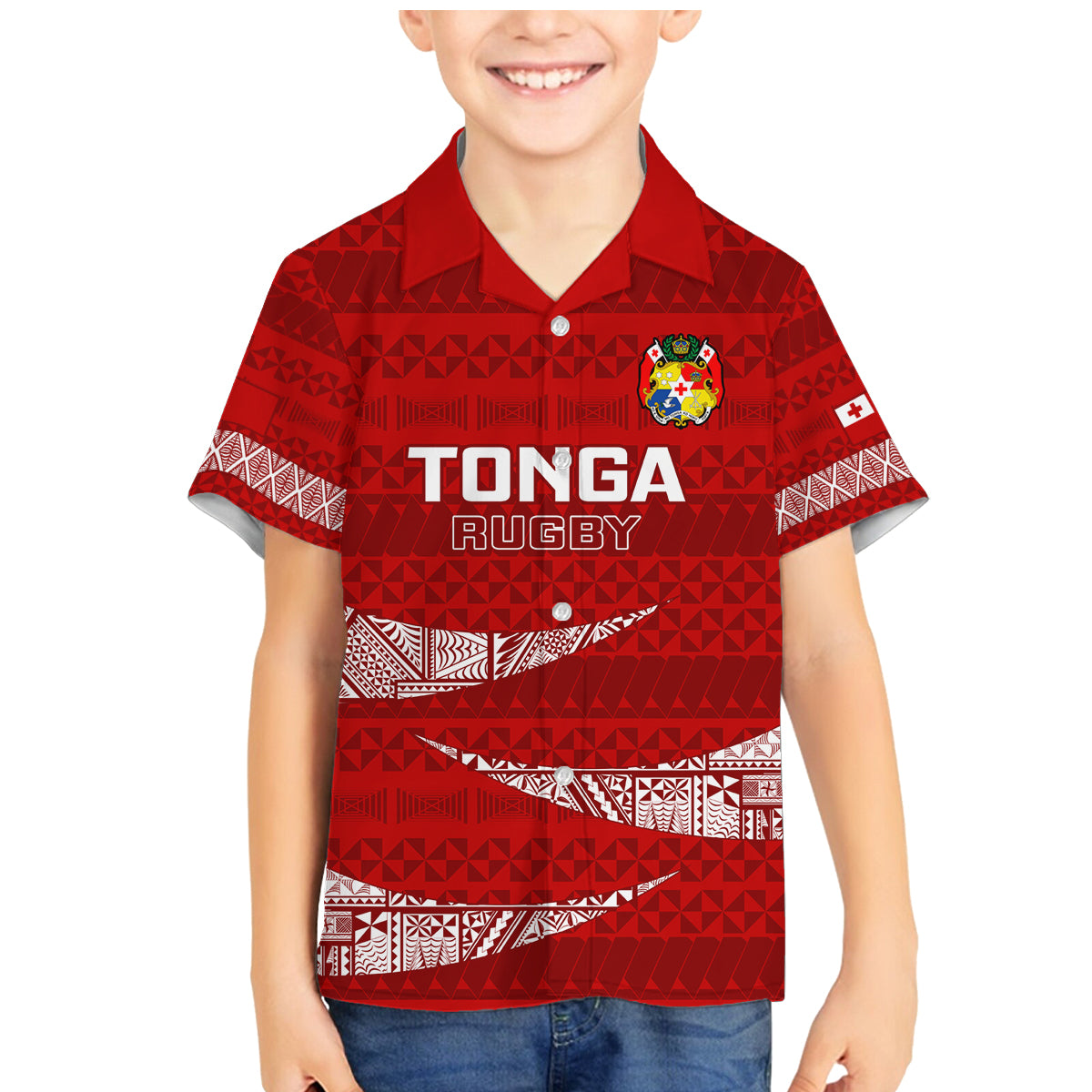 Custom Tonga Rugby Family Matching Mermaid Dress and Hawaiian Shirt 2023 Ikale Tahi Tongan Ngatu Pattern LT14 Son's Shirt Red - Polynesian Pride