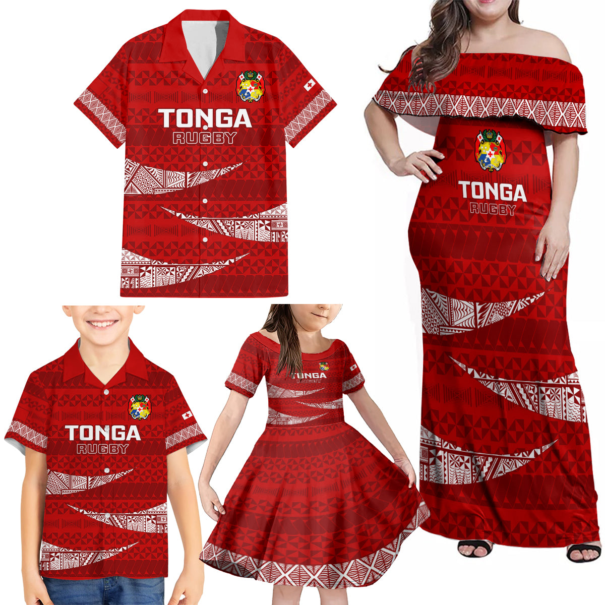 Custom Tonga Rugby Family Matching Off Shoulder Maxi Dress and Hawaiian Shirt 2023 Ikale Tahi Tongan Ngatu Pattern LT14 - Polynesian Pride