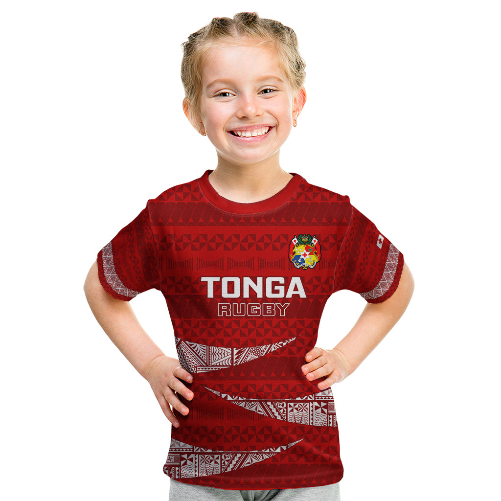 Custom Tonga Rugby Kid T Shirt 2023 Ikale Tahi Tongan Ngatu Pattern LT14 Red - Polynesian Pride
